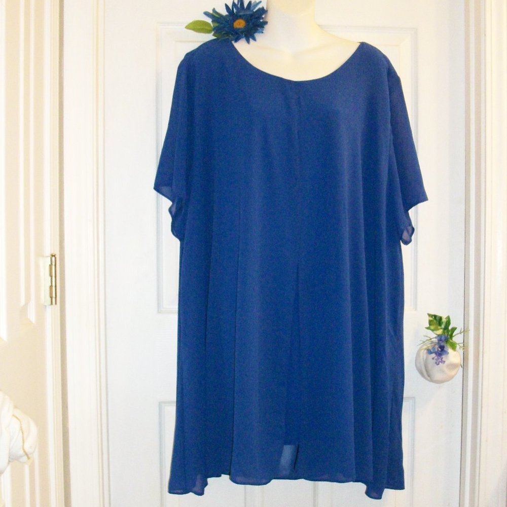 ARNA YORK 4X 26/28 Sheer Overlay Tunic Top NWT Marine Blue Sheer Sleeves Lined